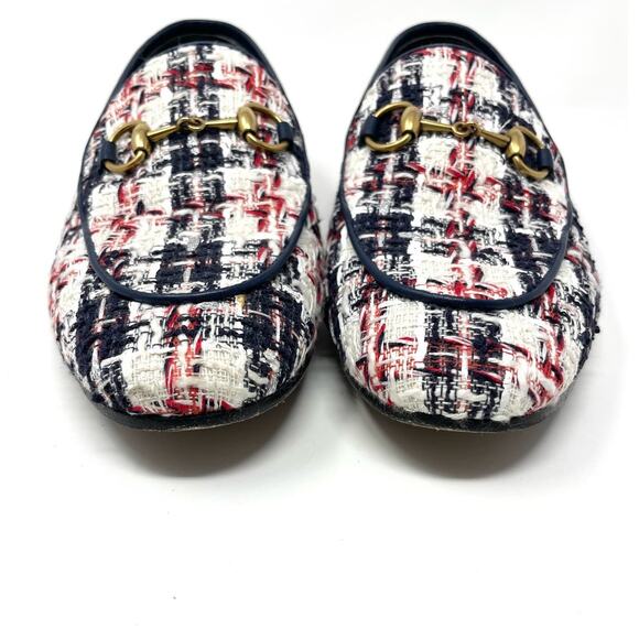 Gucci Jordaan Tweed Check Horsebit Flat Loafers Red White Blue Gold EU 37 - Picture 3 of 14